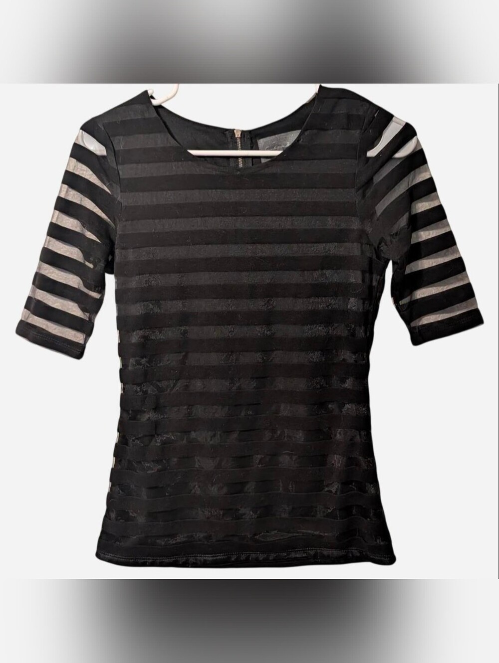 Anthropologie Black Velvet & Mesh 3/4 Sleeve Stripe Top w/ Zip Back, Size XS